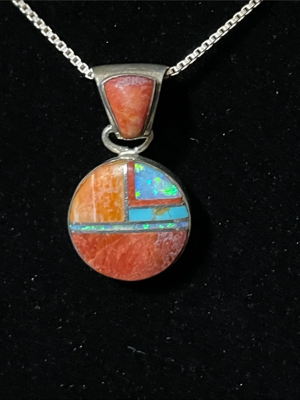 S. Martin Sterling Silver Coral and Opal Inlay Round Pendant - Orange Blue